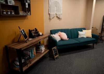 Cozy chiropractic office with a teal sofa, wooden shelves, and calming decor.