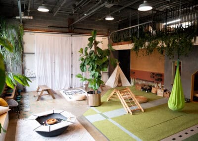 Modern wellness space with natural light, greenery, and relaxation areas at Bright Futures Chiroprac.